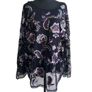 Top Blouse 2X Mesh Floral Embroidered Flutter Sleeve Fairy Boho Coquette Party